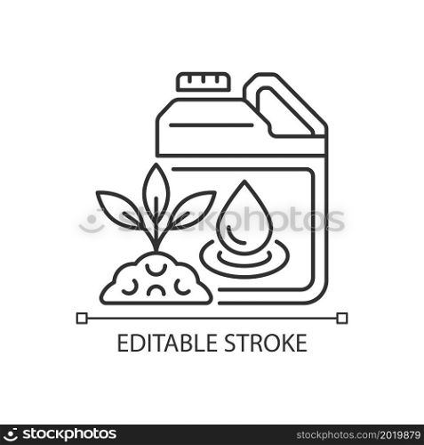 Liquid fertilizer linear icon. Fluid mixture of supplements. Pouring, spraying. Plants supplement. Thin line customizable illustration. Contour symbol. Vector isolated outline drawing. Editable stroke. Liquid fertilizer linear icon
