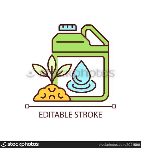 Liquid fertilizer RGB color icon. Fluid mixture of supplements. Pouring and spraying. Plants and crops supplement. Isolated vector illustration. Simple filled line drawing. Editable stroke. Liquid fertilizer RGB color icon