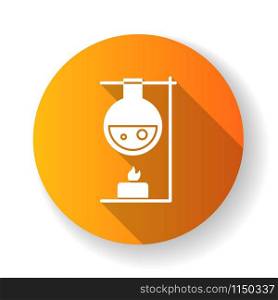 Liquid flask and test tube yellow flat design long shadow glyph icon. Organic chemistry. Conducting experiment. Mixing chemicals. Scientific research. Vector silhouette illustration