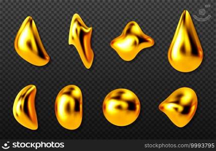 Liquid gold drops, golden 3d abstract drips of paint, cosmetics oil or collagen capsules of different shapes, metallic texture isolated on transparent background, Realistic vector illustration, set. Liquid gold drops, golden 3d abstract drips set