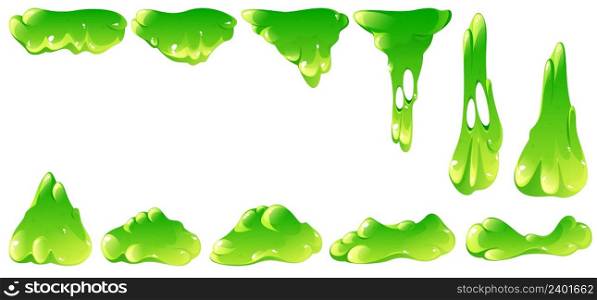 Liquid green slime drip and falling. Vector sprite sheet with cartoon set of splash of poison goo, fluid mucus drops. Illustration of sticky ooze blots isolated on white background. Liquid green slime, mucus drip and falling