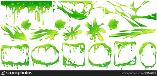 Liquid green slime splashes, border and frames from dripping poison goo. Vector cartoon set of fluid mucus drops and blobs. Illustration of sticky ooze splatters isolated on white background. Liquid green slime splashes, border and frames