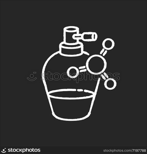 Liquid keratin in bottle chalk white icon on black background. Chemical formula with vitamin complex for haircare. Cosmetic product for hair treatment. Isolated vector chalkboard illustration