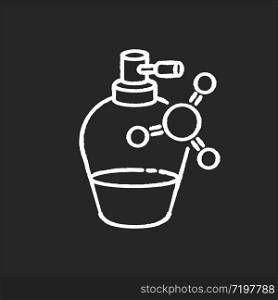 Liquid keratin in bottle chalk white icon on black background. Chemical formula with vitamin complex for haircare. Cosmetic product for hair treatment. Isolated vector chalkboard illustration