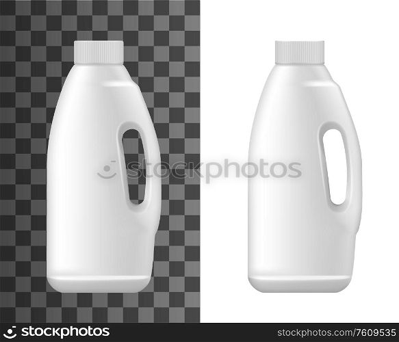 Liquid laundry detergent and fabric softener, vector realistic 3d white plastic bottle with cap lid. Washing machine bleach and laundry liquid soap package mockup template. Realistic plastic bottle, liquid laundry detergent
