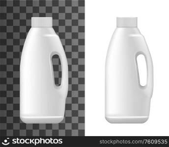 Liquid laundry detergent and fabric softener, vector realistic 3d white plastic bottle with cap lid. Washing machine bleach and laundry liquid soap package mockup template. Realistic plastic bottle, liquid laundry detergent
