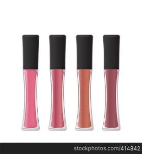 Liquid lipstick. Lip gloss in glass bottle. Container with brush. Cosmetics template design. 3d realistic packaging. Vector illustration.