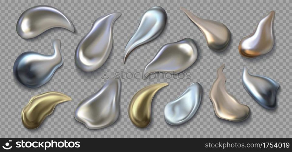 Liquid metal. Realistic 3D chrome smear. Silver or golden melted texture. Isolated mercury drops on transparent background. Fluid pearl droplets set, metallic paint templates. Vector glossy grey blob. Liquid metal. Realistic 3D chrome smear. Silver or golden melted texture. Mercury drops on transparent background. Fluid pearl droplets set, metallic paint. Vector glossy grey blob