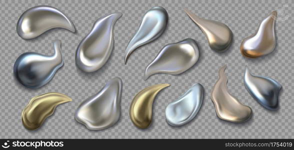 Liquid metal. Realistic 3D chrome smear. Silver or golden melted texture. Isolated mercury drops on transparent background. Fluid pearl droplets set, metallic paint templates. Vector glossy grey blob. Liquid metal. Realistic 3D chrome smear. Silver or golden melted texture. Mercury drops on transparent background. Fluid pearl droplets set, metallic paint. Vector glossy grey blob