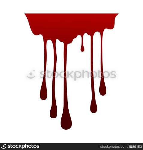 Liquid red dripping paint. Blood splash halloween decoration element gradient color, bloody horizontal line with flowing drops, spilled ketchup or ink, bleeding texture, vector isolated illustration