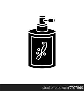 Liquid silicon in bottle black glyph icon. Conditioner in jar container with sprayer. Chemical cosmetic product for hair treatment. Silhouette symbol on white space. Vector isolated illustration