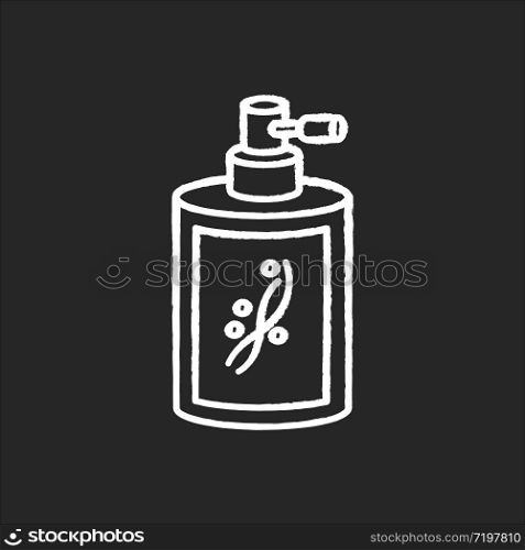 Liquid silicon in bottle chalk white icon on black background. Conditioner in jar container with sprayer. Chemical cosmetic product for hair treatment. Isolated vector chalkboard illustration