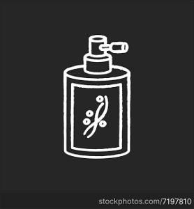 Liquid silicon in bottle chalk white icon on black background. Conditioner in jar container with sprayer. Chemical cosmetic product for hair treatment. Isolated vector chalkboard illustration