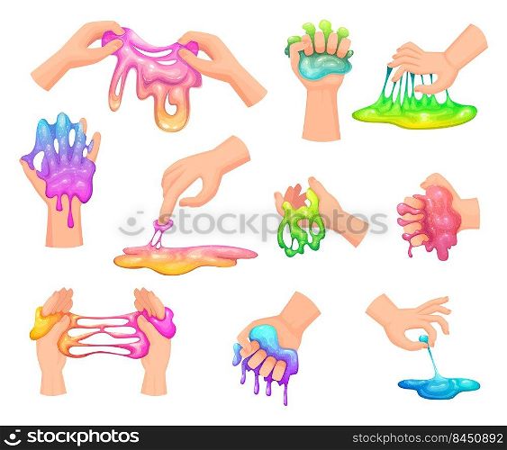 Liquid slime. Handy glue games squeeze colored toys in hands exact vector slimes illustrations. Play glue and slime, toy liquid isolated. Liquid slime. Handy glue games squeeze colored toys in hands exact vector slimes illustrations