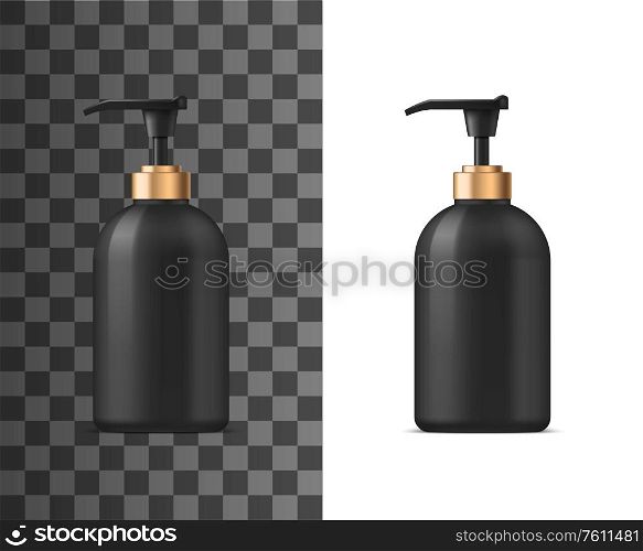 Liquid soap black bottle with pump dispenser, vector realistic 3d mockup. Luxury plastic or black glass bottle of liquid soap, shampoo or shower gel, body lotion and moisturizer cream package. Liquid soap ealistic black bottle
