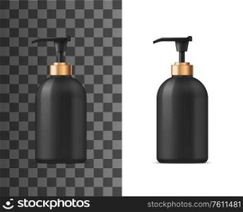 Liquid soap black bottle with pump dispenser, vector realistic 3d mockup. Luxury plastic or black glass bottle of liquid soap, shampoo or shower gel, body lotion and moisturizer cream package. Liquid soap ealistic black bottle