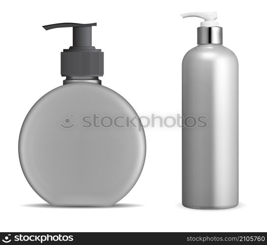 Liquid soap bottle mockup. Cosmetic shampoo dispenser, vector packaging, isolated on white. Antibacterial disinfectant dispense bottle for sanitize. Bath product tube set. Liquid soap bottle mockup. Cosmetic shampoo dispenser