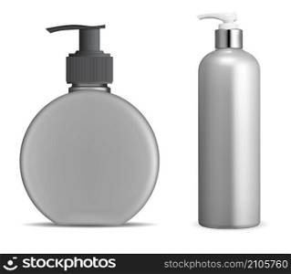 Liquid soap bottle mockup. Cosmetic shampoo dispenser, vector packaging, isolated on white. Antibacterial disinfectant dispense bottle for sanitize. Bath product tube set. Liquid soap bottle mockup. Cosmetic shampoo dispenser