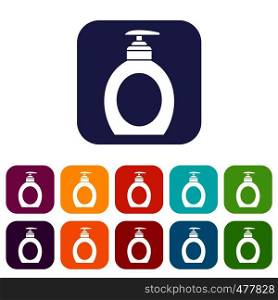 Liquid soap icons set vector illustration in flat style in colors red, blue, green, and other. Liquid soap icons set
