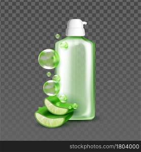 Liquid Soap With Aloe Natural Ingredient Vector. Liquid Soap Blank Bottle With Pump, Soapy Bubbles And Healthcare Plant. Hygiene Product For Washing Hands And Face Template Realistic 3d Illustration. Liquid Soap With Aloe Natural Ingredient Vector
