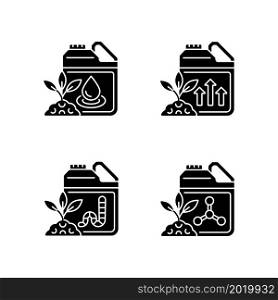 Liquid supplements black glyph icons set on white space. Fluid fertilizer for ground and roots. Organic and chemical additives. Minerals, elements. Silhouette symbols. Vector isolated illustration. Liquid supplements black glyph icons set on white space