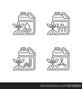 Liquid supplements linear icons set. Fluid fertilizer for ground and roots. Organic, chemical additives. Customizable thin line contour symbols. Isolated vector outline illustrations. Editable stroke. Liquid supplements linear icons set