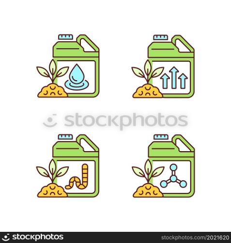 Liquid supplements RGB color icons set. Fluid fertilizer for ground and roots. Organic and chemical additives. Isolated vector illustrations. Simple filled line drawings collection. Editable stroke. Liquid supplements RGB color icons set