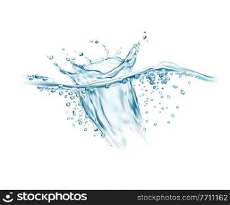 Liquid water splash, wave swirl with drops. Vector splashing aqua in shape of crown, dynamic motion element with spray droplets side view isolated on white background, hydration ad realistic 3d design. Liquid water splash, wave swirl with drops, vector