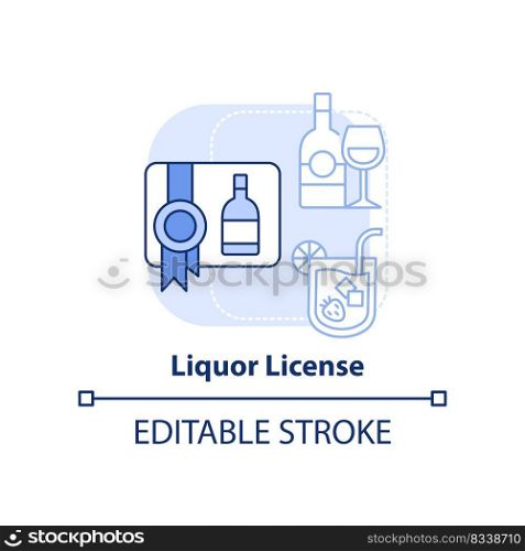 Liquor license light blue concept icon. Permit to serve alcohol abstract idea thin line illustration. Alcoholic beverages. Isolated outline drawing. Editable stroke. Arial, Myriad Pro-Bold fonts used. Liquor license light blue concept icon