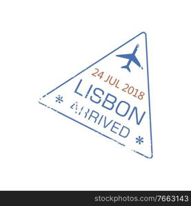 Lisbon arrived visa st&isolated grunge icon with airplane. Vector arrival in Portugal international airport sign, immigration border control document. Portuguese destination, ink rubber st&. Arrival visa st&to Lisbon airport isolated sign