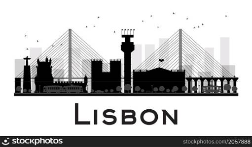 Lisbon City skyline black and white silhouette. Vector illustration. Simple flat concept for tourism presentation, banner, placard or web site. Business travel concept. Cityscape with famous landmarks