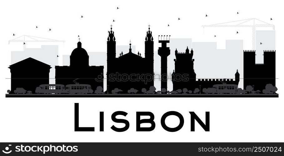 Lisbon City skyline black and white silhouette. Vector illustration. Simple flat concept for tourism presentation, banner, placard or web site. Business travel concept. Cityscape with landmarks