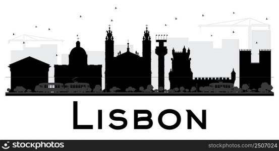 Lisbon City skyline black and white silhouette. Vector illustration. Simple flat concept for tourism presentation, banner, placard or web site. Business travel concept. Cityscape with landmarks