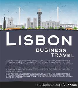 Lisbon city skyline with grey buildings, blue sky and copy space. Business travel concept. Vector illustration