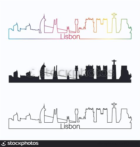 Lisbon skyline linear style with rainbow in editable vector file