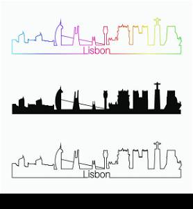 Lisbon skyline linear style with rainbow in editable vector file