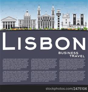 Lisbon Skyline with Gray Buildings, Blue Sky and Copy Space. Vector Illustration. Business Travel and Tourism Concept with Historic Buildings. Image for Presentation Banner Placard and Web Site.