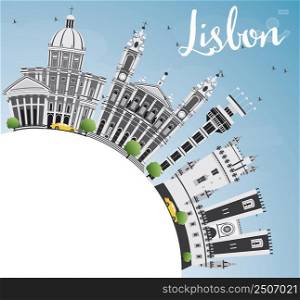 Lisbon Skyline with Gray Buildings, Blue Sky and Copy Space. Vector Illustration. Business Travel and Tourism Concept with Historic Buildings. Image for Presentation Banner Placard and Web Site.