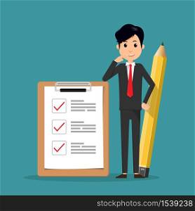 list; check; checklist; questionnaire; exam; vector; illustration; inspection; icon; businessman; clipboard; business; board; man; office; pencil; plan; guy; sign; strategy; survey; leader; background; blank; cartoon; character; checkbox; clip; concept; creative; design; document; element; flat; form; gesture; graphic; holding; human; isolated; job; manager; mark; note; paper; person; style; test; testing; tick;