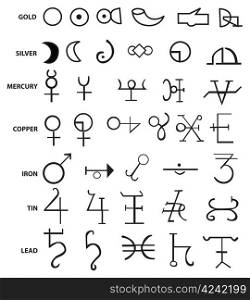 List of forty four alchemical symbols, isolated on white