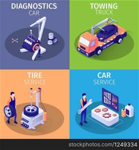 List Services in Car Garage. Set of Isometric Cards. Banners with Evacuator Driving Car, Crane Lift Holding Engine, Equipment for Tire Fitting, Tools for Car Repair, Masters. Vector 3d Illustration. Set of Isometric Cards with Services in Car Garage