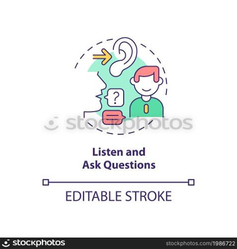 Listen and ask questions concept icon. Job interview preparation abstract idea thin line illustration. Answer questions. Give response. Vector isolated outline color drawing. Editable stroke. Listen and ask questions concept icon