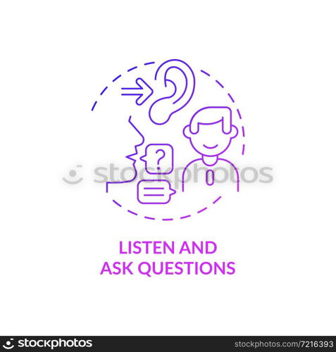 Listen and ask questions purple gradient concept icon. Job interview preparation abstract idea thin line illustration. Answer questions. Give response. Vector isolated outline color drawing. Listen and ask questions purple gradient concept icon
