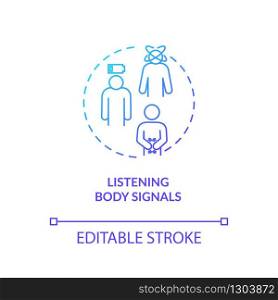 Listen body signal concept icon. Mindful nutrition idea thin line illustration. Eating when hungry, growling stomach and low energy. Vector isolated outline RGB color drawing