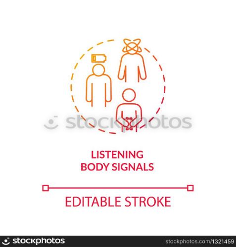 Listen body signal concept icon. Mindful nutrition idea thin line illustration. Eating when hungry, growling stomach and low energy. Vector isolated outline RGB color drawing