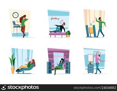 Listen music. Characters relaxing in interior lying on couch sitting on sofa dancing happy people garish vector illustrations in flat style. Relax music and listen, characters relaxation. Listen music. Characters relaxing in interior lying on couch sitting on sofa dancing happy people garish vector illustrations in flat style