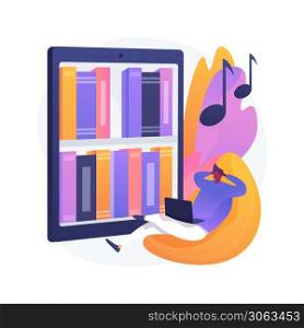 Listen to audiobooks abstract concept vector illustration. Audiobooks online application, spare time while self-isolating, website subscription, ebook purchase, e-library abstract metaphor.. Listen to audiobooks abstract concept vector illustration.