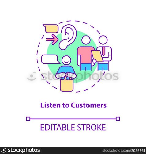 Listen to customers concept icon. Pay attention to requests. Customer service abstract idea thin line illustration. Isolated outline drawing. Editable stroke. Roboto-Medium, Myriad Pro-Bold fonts used. Listen to customers concept icon