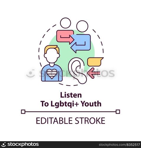Listen to LGBTQI youth concept icon. Be understanding. Supporting LGBT youth abstract idea thin line illustration. Isolated outline drawing. Editable stroke. Arial, Myriad Pro-Bold fonts used. Listen to LGBTQI youth concept icon