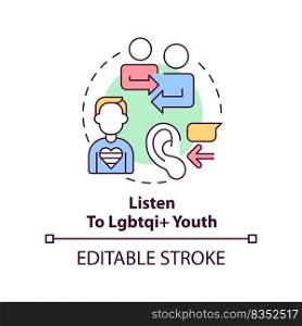 Listen to LGBTQI youth concept icon. Be understanding. Supporting LGBT youth abstract idea thin line illustration. Isolated outline drawing. Editable stroke. Arial, Myriad Pro-Bold fonts used. Listen to LGBTQI youth concept icon